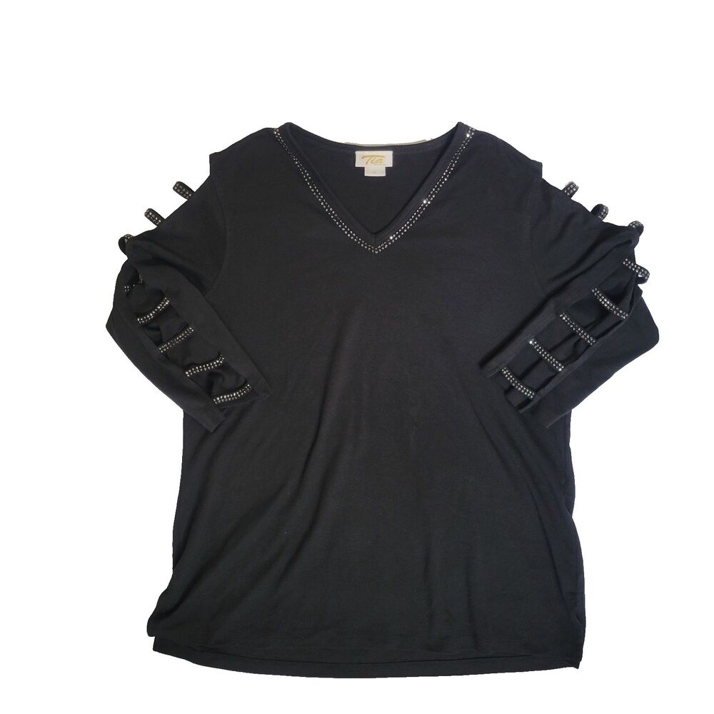 Tia designs Black Ladder Crystal Sleeve Shirt Size Xl Bling Sparkle Tunic Top XL